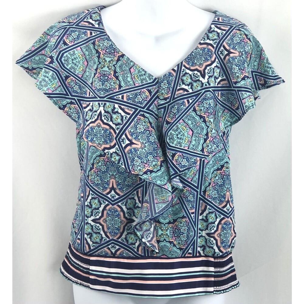 NWOT Attention Silky Top XS Blue Geo Flutter Sleeve Smocked 2000s Boho Hippie